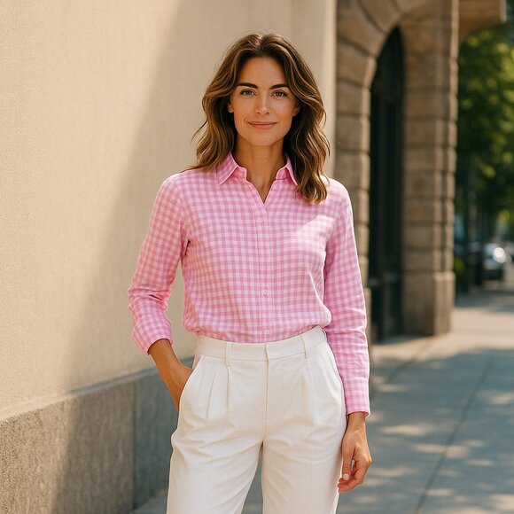 J Crew Gingham Pink/white pattern, Cotton Shirt size 8Tall - Picture 2 of 13